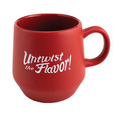 Red Taffy Town logo mug with Untwist the Flavor slogan on the back is a fun way to enjoy your morning coffee or hot cocoa